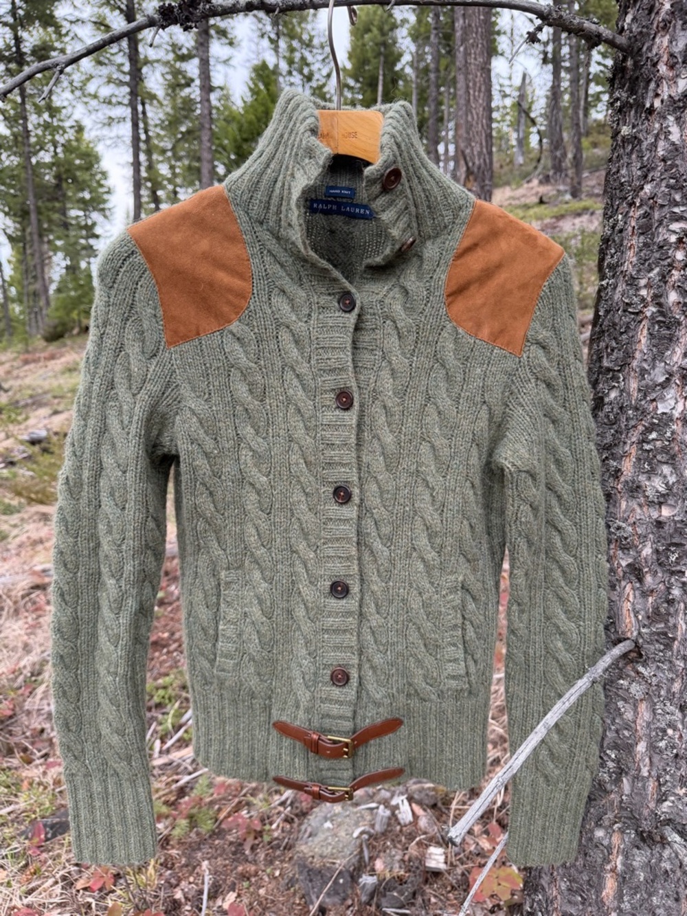 Ralph Lauren Olive Cable Knit Button-Up Sweater with Brown Suede Elbows womens m